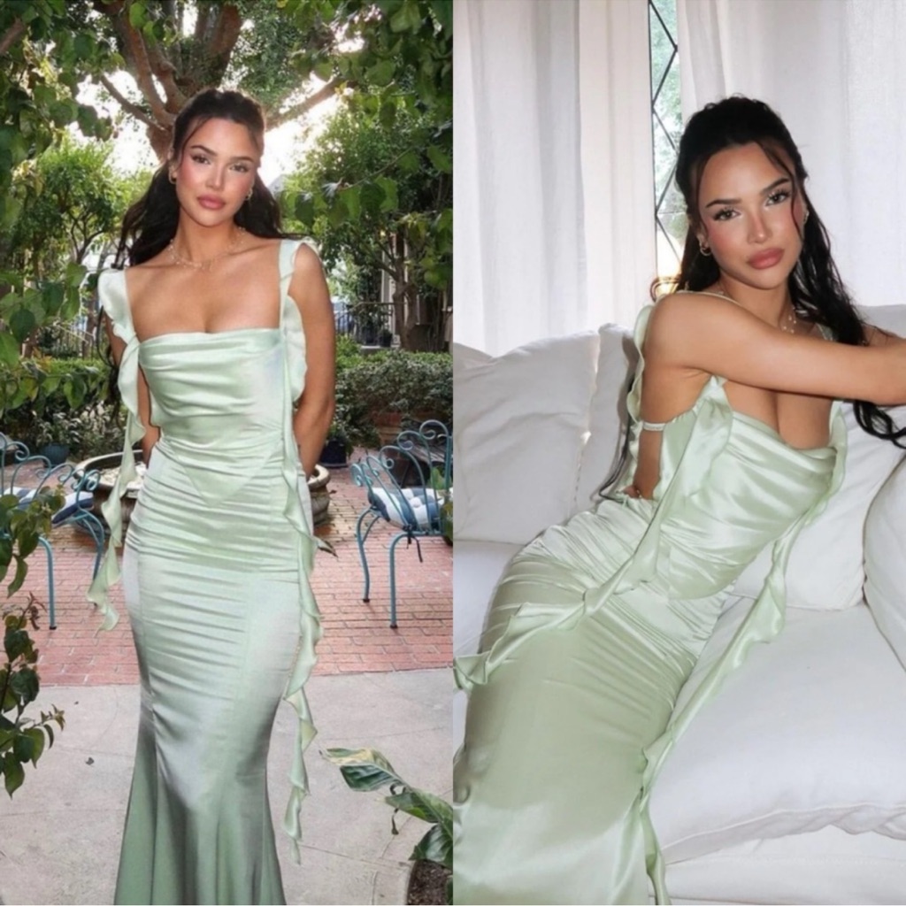 Nana Jacqueline Caroline Maxi Dress Satin Draped Ruffle Green Size Small